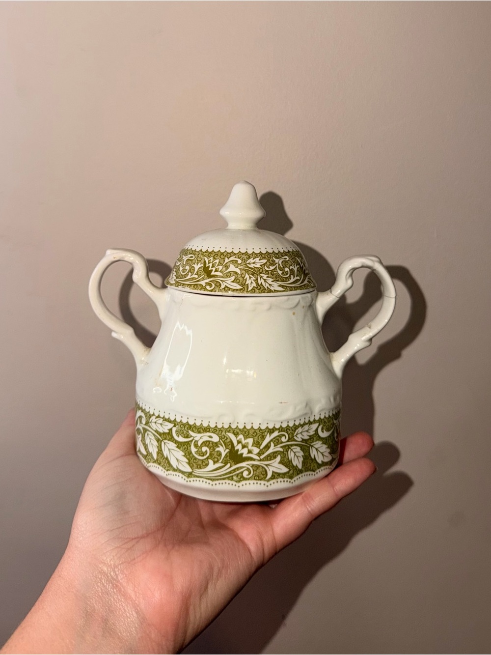 J&G Meakin White Ceramic Sugar Bowl with Olive Green Floral Band